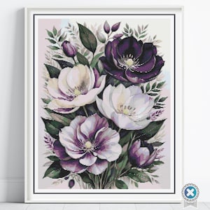 Purple Flowers Cross Stitch Pattern, Floral Botanical Full Coverage Embroidery Art, Handmade Nature-Inspired Decor, DIY Garden Decor Pattern