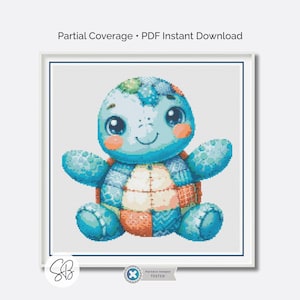 Patchwork Sea Turtle Cross Stitch Pattern, Nursery Art Stuffed Pets, Instant Download, Floss Conversions