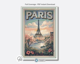 Patrón de punto de cruz para póster de viaje a París, bordado vintage de la Torre Eiffel francesa, conversiones de hilo