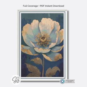 May include: A framed floral print featuring a large, stylized flower in shades of blue, gold, and cream against a dark blue background. The print includes the text "Full Coverage • PDF Instant Download". The artwork is in a white frame.