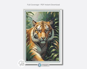 Patrón de punto de cruz de tigre, decoración de animales salvajes de la selva, descarga instantánea, conversión de hilo dental