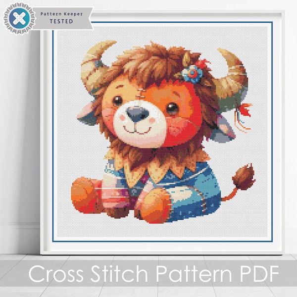 Patchwork Buffalo Cross Stitch Pattern, Patchwork Stuffed Pets Cross Stitch Pattern, Instant Download, Pattern Keeper & iBook files included