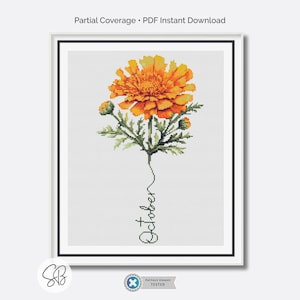 October Birth Month Flower Cross Stitch Pattern, Marigold Embroidery, Instant Download PDF, Floss Conversions