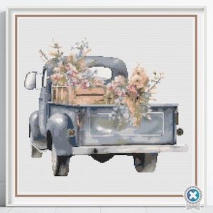 Vintage Truck Cross Stitch Pattern, Floral Country Truck Farmhouse Embroidery Decor, Yellow Flowers Rustic Needlework, Cottagecore Stitching
