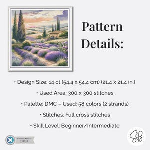 French Lavender Fields Cross Stitch Pattern, Provence France Flower Fields Embroidery, Floss Conversions