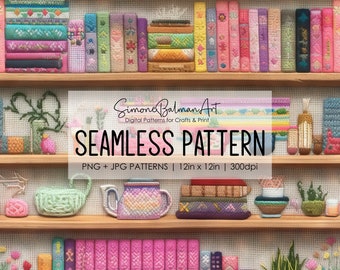 Embroidery Bookshelf Seamless Pattern, Printable Seamless Digital Paper Pack 12x12in | Commercial Use | Sublimation | Card Making | Crafting