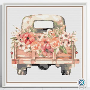 Vintage Truck Cross Stitch Pattern, Floral Country Truck Farmhouse Embroidery Decor, Yellow Flowers Rustic Needlework, Cottagecore Stitching