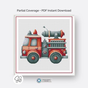 Firetruck Cross Stitch Pattern, Boys Nursery Room Construction decor, Digital PDF Download, Floss Conversions