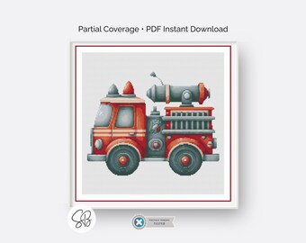 Firetruck Cross Stitch Pattern, Boys Nursery Room Construction decor, Digital PDF Download, Floss Conversions