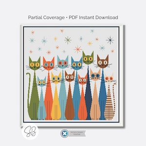 May include: A cross-stitch pattern featuring a row of stylized cats in various colors, including green, orange, blue, and brown, with star-shaped accents. The design is set against a white background and framed in a white border. Text reads "Partial Coverage • PDF Instant Download."