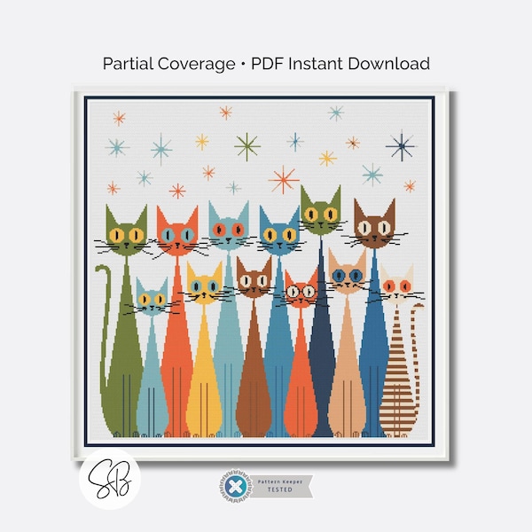 Patrón de punto de cruz de gatos de mediados de siglo, bordado retro de gatos, guía de patrones, conversiones de hilo