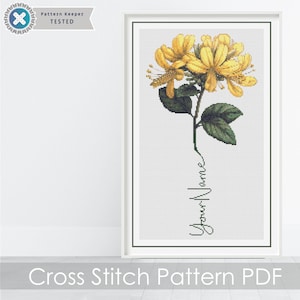 Personalized June Birth Month Flower Cross Stitch PDF Pattern, CUSTOM Honeysuckle Birth Month Flower, New Baby Gift, Digital Download