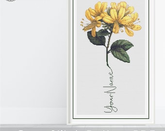 Personalized June Birth Month Flower Cross Stitch PDF Pattern, CUSTOM Honeysuckle Birth Month Flower, New Baby Gift, Digital Download