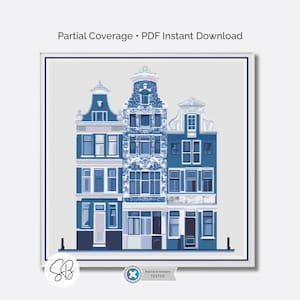 Delft Amsterdam Canal House Cross Stitch Pattern, Vintage Blue & White Pottery House, Floss Conversions