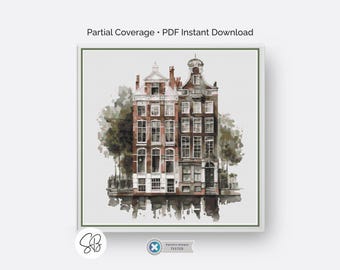 Wzór haftu krzyżykowego „Dom nad Kanałem Amsterdamskim”, sztuka architektury holenderskiej, holenderski haft akwarelowy w formacie PDF