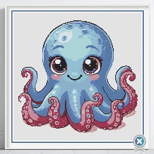 Baby Octopus Cross Stitch Pattern, Blue Nursery Decor, Sea Animals Digital PDF, Underwater Theme Art, Cute Ocean Animals, Nursery Wall Art