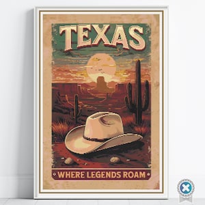 Patrón de punto de cruz de Texas, póster de viaje del oeste, bordado, sombrero de vaquero, decoración, costura de cobertura completa, estado de la Estrella Solitaria, decoración del oeste hecha a mano