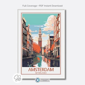 Amsterdam Travel Poster Cross Stitch Pattern, Retro Vintage Design, Holland Decor, Dutch Style Craft, Cityscape Art, Digital Stitch PDF