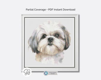 Schema punto croce cane Shih Tzu, ricamo ritratto animale, copertura parziale, PatternKeeper, conversioni filo interdentale