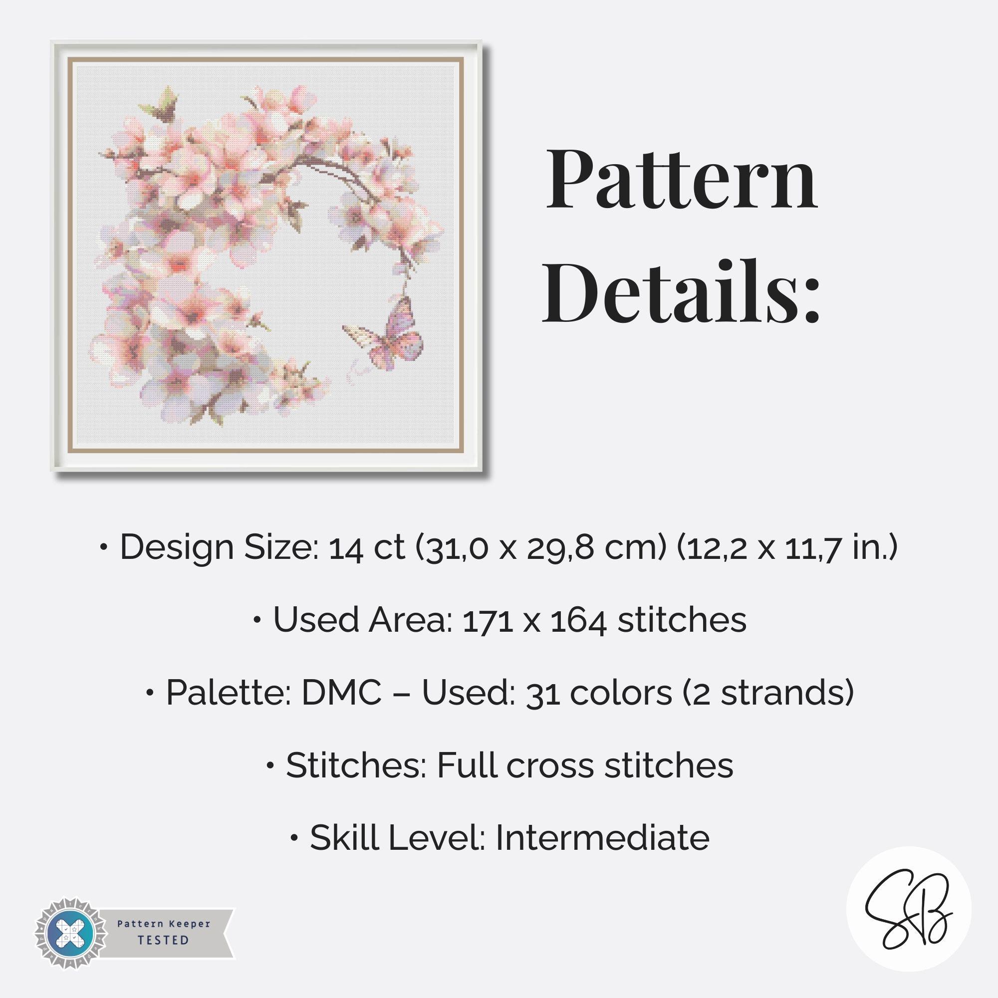 桜のリースのクロスステッチ、ピンクの日本の桜の花の刺繍、フロス変換