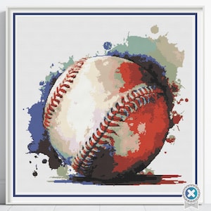 Watercolor Baseball Cross Stitch Pattern, Modern Game Day Handmade Watercolor Baseball Sports Embroidery Art Decor, Athlete Sports Fan Gift
