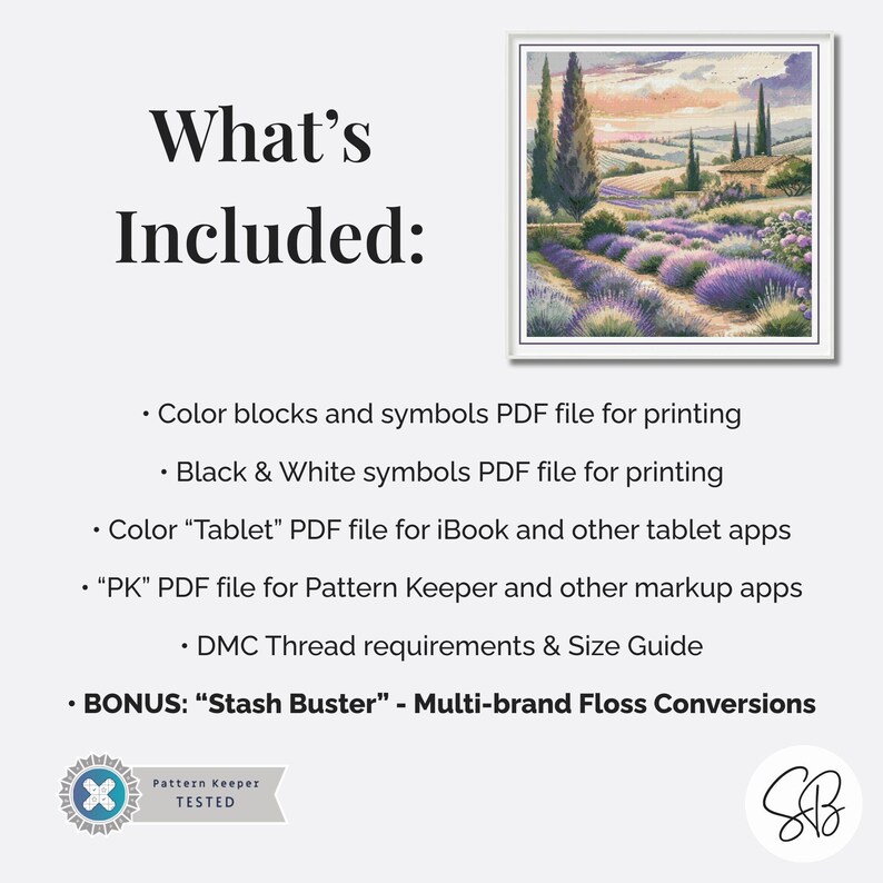 French Lavender Fields Cross Stitch Pattern, Provence France Flower Fields Embroidery, Floss Conversions