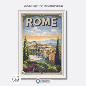 Patrón de punto de cruz para póster de viaje a Roma, bordado vintage del Coliseo, decoración italiana, conversiones de hilo dental