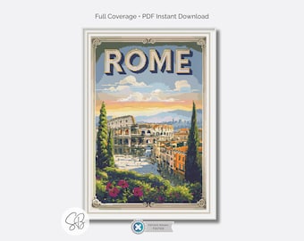 Patrón de punto de cruz para póster de viaje a Roma, bordado vintage del Coliseo, decoración italiana, conversiones de hilo dental