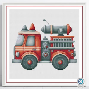 Firetruck Cross Stitch Pattern, Cartoon Fire Engine Decor, Firetruck Nursery Pattern, Kids Cross Stitch Design, Digital Firetruck Pattern