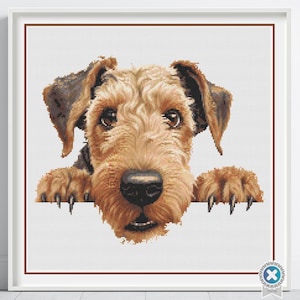 Airedale Terrier Cross Stitch Pattern, Peeking Dog Design, Pet Lover Gift, Digital Dog PDF, Beginner Stitch Art, Puppy Cross Stitch Craft