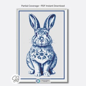 Delft Rabbit Cross Stitch, Blue and White Dutch Pottery Easter Embroidery Decor, Floss Conversions