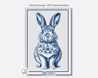 Punto croce con coniglio di Delft, decorazioni pasquali in ceramica olandese blu e bianca, conversioni di filo interdentale