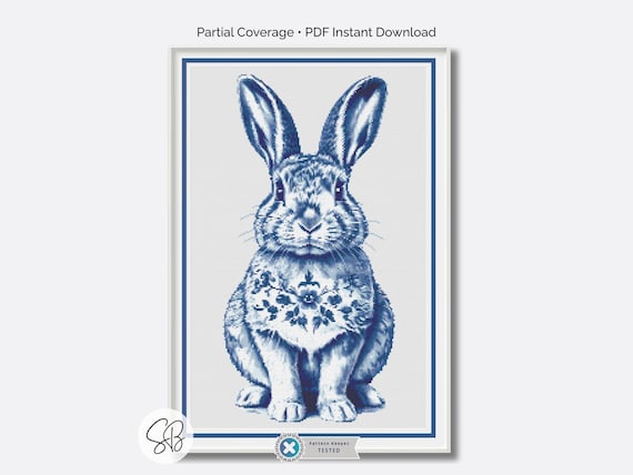 Delft Rabbit Cross Stitch, Blue and White Dutch Pottery Easter