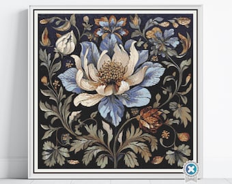 William Morris Tapestry-Inspired Vintage Blue Flower Nature Cross Stitch Pattern, Decorative Arts & Crafts Embroidery Decor, Full Coverage
