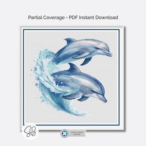 Dolphins Cross Stitch Pattern, Handmade Dolphin Aquatic Marine Ocean Art, Beach Decor, Floss Conversions