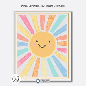 Puede incluir: Patrón de punto de cruz enmarcado con un sol sonriente con rayos coloridos en tonos rosa, amarillo, naranja y azul. El texto "Partial Coverage - PDF Instant Download" está en la parte superior.