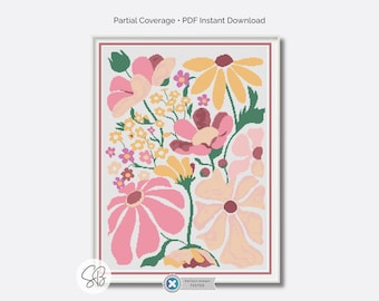 Schema punto croce fiori boho, ricamo floreale moderno e contemporaneo, download immediato, PatternKeeper, conversioni di filo interdentale