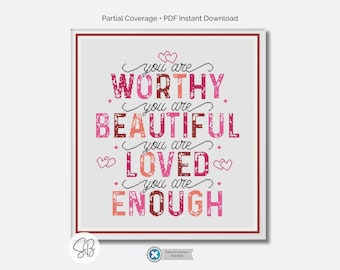 Positive Affirmationen Kreuzstichmuster, Motivationszitate, Valentinstag, PDF Sofort-Download, Stickgarn-Umwandlungen