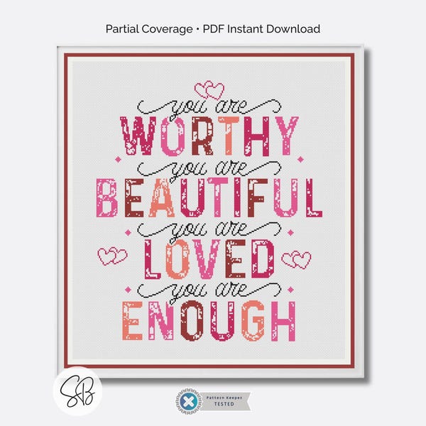 Positive Affirmations Cross Stitch Pattern, Motivational Quotes, Valentines Day, PDF Instant Download, Floss Conversions