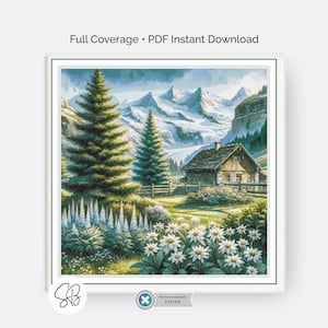 Patrón de punto de cruz de los Alpes suizos, descarga digital de la región alpina suiza, cobertura completa, PatternKeeper