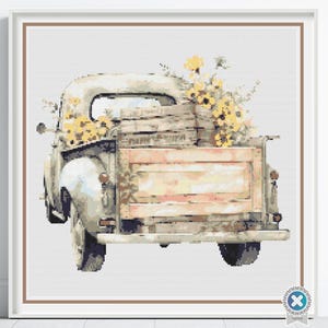Vintage Truck Cross Stitch Pattern, Floral Country Truck Farmhouse Embroidery Decor, Yellow Flowers Rustic Needlework, Cottagecore Stitching