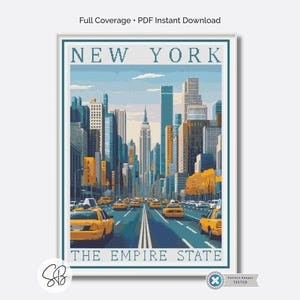 May include: A framed print of New York City, featuring a vibrant illustration of the city skyline with yellow taxis on the road. The text "NEW YORK" and "THE EMPIRE STATE" are displayed at the top and bottom of the image.