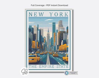 Schema punto croce per poster di viaggio di New York, ricamo retrò della Grande Mela in PDF, conversioni di filo interdentale