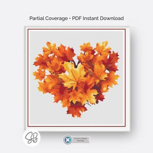 Autumn Heart Cross Stitch Pattern PDF, Fall Leaves Embroidery Design, Thanksgiving Decor, Instant Download, Seasonal Pattern