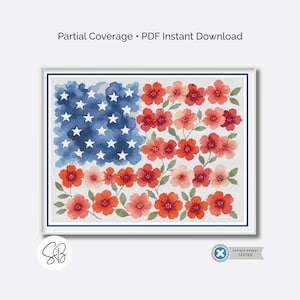 Schema per punto croce con bandiera americana e motivi floreali, fiori patriottici ad acquerello, conversione per 14 marche di filato, schemi a colori e in bianco e nero, raccoglitore di schemi.