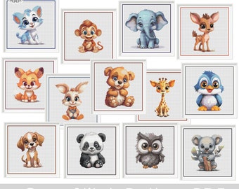 Baby Animal Cross Stitch PDF Patterns, Set of 13 Modern DIY Nursery Decor Cross Stitch Patterns, Pattern Keeper & iBook files included