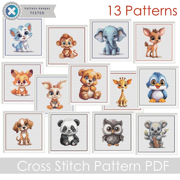 Baby Animal Cross Stitch PDF Patterns, Set of 13 Modern DIY Nursery Decor Cross Stitch Patterns, Pattern Keeper & iBook files included