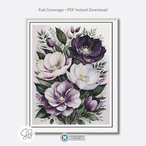 Purple Flowers Cross Stitch Pattern, Floral Botanical Full Coverage Embroidery, Instant Download, Floss Conversions