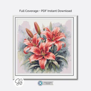 Patrón de punto de cruz de flores de lirio tigre, cobertura total en acuarela, descarga instantánea, PatternKeeper, conversión de hilo