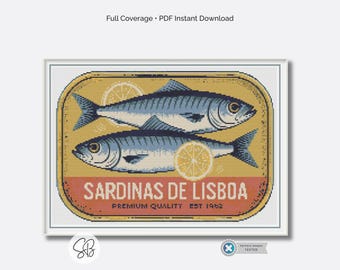 Schema per punto croce di una scatoletta di sardine in stile natura morta - Design di una scatoletta di sardine in stile mediterraneo per la cucina, ideale per gli amanti dell'arte domestica.